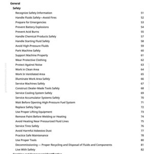 May include: A printed page titled "Table of Contents" from a manual. The table lists safety topics such as handling fluids, preventing explosions, and safe machine operation. The page numbers are on the right.