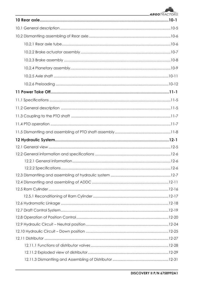 May include: A detailed table of contents from a manual for a tractor, with sections on the rear axle, power take-off, and hydraulic system. The document includes specifications and diagrams.