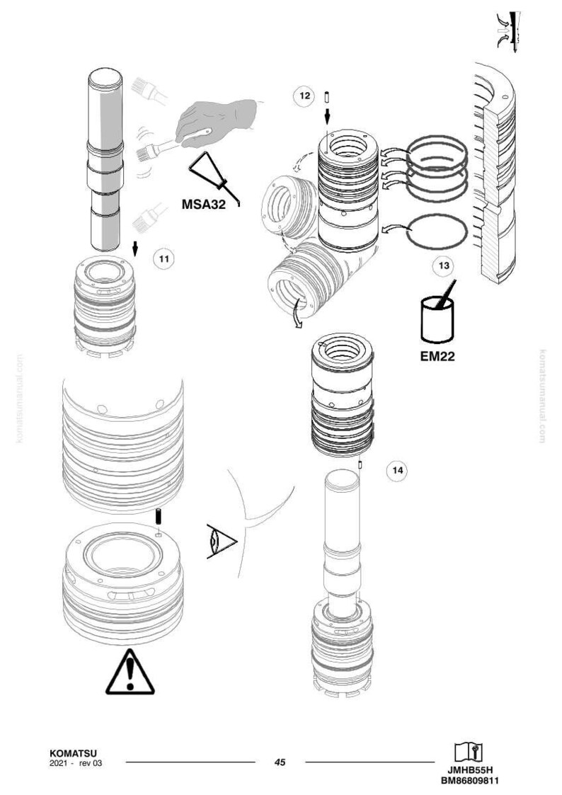 May include: An exploded diagram of Komatsu parts, featuring cylindrical components, seals, and a brush. The image includes labels such as MSA32 and EM22, along with the Komatsu logo and part numbers. The diagram is in black and white.