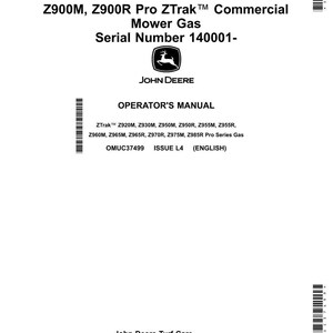 May include: White document with black text. The document is an operator's manual for Z900M, Z900R Pro ZTrak Commercial Mower Gas. Includes the John Deere logo and serial number 140001-. The manual covers various ZTrak models.