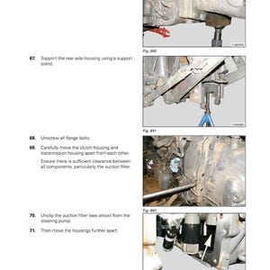Pode incluir: Uma p&aacute;gina do manual Fendt 1000 Vario Gen2, mostrando diagramas e instru&ccedil;&otilde;es para a manuten&ccedil;&atilde;o da transmiss&atilde;o. Inclui imagens de componentes, suportes e a remo&ccedil;&atilde;o do filtro de suc&ccedil;&atilde;o. O texto inclui "Apoiar a carca&ccedil;a da transmiss&atilde;o" e "Desconectar o filtro de suc&ccedil;&atilde;o".