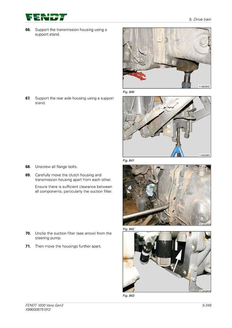 Pode incluir: Uma p&aacute;gina do manual Fendt 1000 Vario Gen2, mostrando diagramas e instru&ccedil;&otilde;es para a manuten&ccedil;&atilde;o da transmiss&atilde;o. Inclui imagens de componentes, suportes e a remo&ccedil;&atilde;o do filtro de suc&ccedil;&atilde;o. O texto inclui "Apoiar a carca&ccedil;a da transmiss&atilde;o" e "Desconectar o filtro de suc&ccedil;&atilde;o".