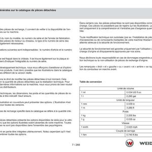 May include: A page from a parts catalog with the title "Informations g&eacute;n&eacute;rales sur le catalogue de pi&egrave;ces d&eacute;tach&eacute;es." It includes text, a table of conversions, and the Weidemann logo.