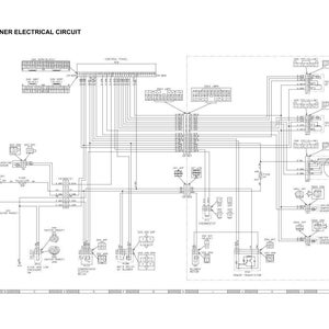 Puede incluir: Diagrama del circuito el&eacute;ctrico del aire acondicionado. El diagrama es un esquema detallado con numerosas l&iacute;neas, s&iacute;mbolos y etiquetas. El texto "AIR CONDITIONER ELECTRICAL CIRCUIT" est&aacute; en la parte superior. El diagrama es en blanco y negro.