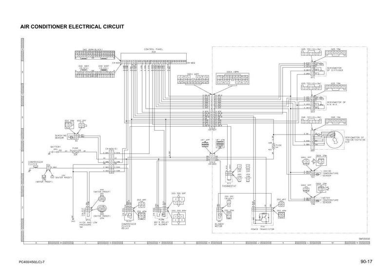 Puede incluir: Diagrama del circuito el&eacute;ctrico del aire acondicionado. El diagrama es un esquema detallado con numerosas l&iacute;neas, s&iacute;mbolos y etiquetas. El texto "AIR CONDITIONER ELECTRICAL CIRCUIT" est&aacute; en la parte superior. El diagrama es en blanco y negro.