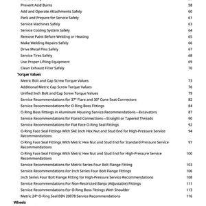 May include: A printed page with a table of contents, featuring a list of safety and service recommendations. Topics include operating machinery, torque values, and wheel maintenance. The page numbers are on the right.