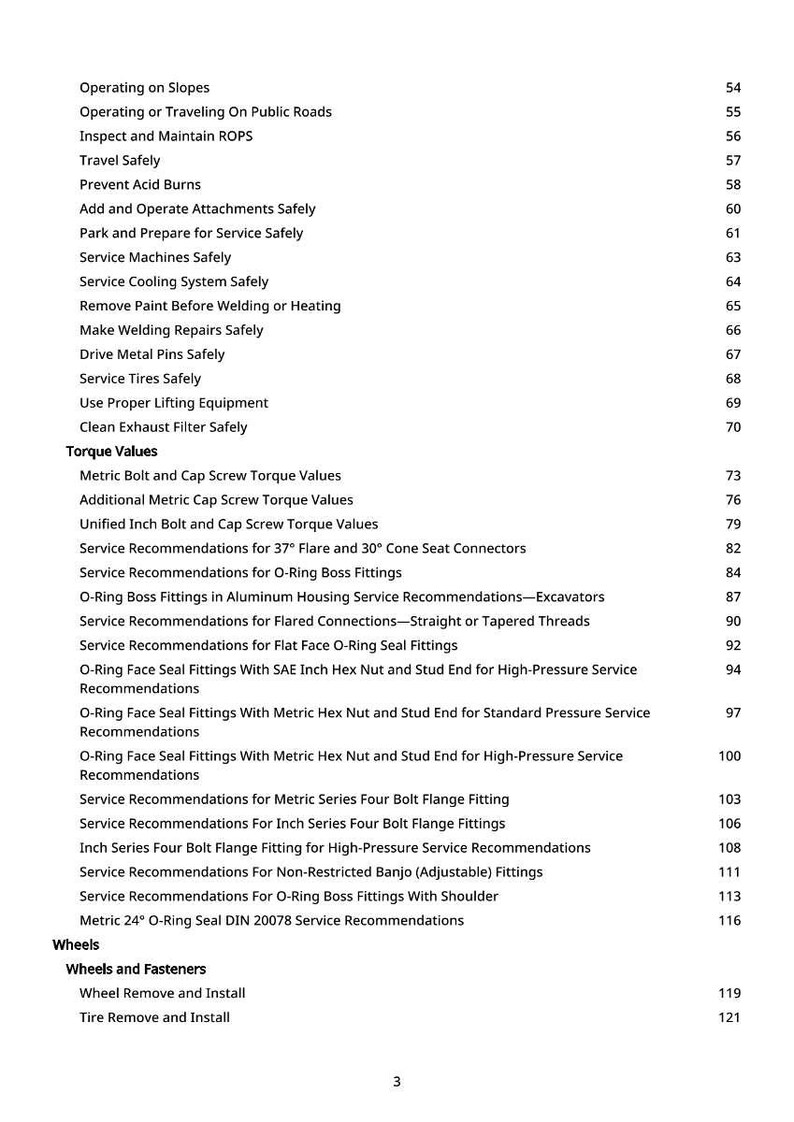 May include: A printed page with a table of contents, featuring a list of safety and service recommendations. Topics include operating machinery, torque values, and wheel maintenance. The page numbers are on the right.