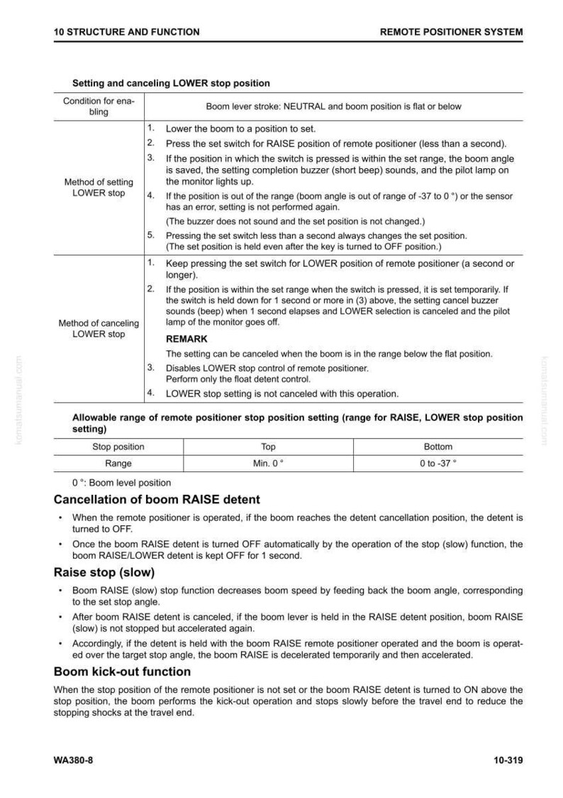 Puede incluir: Una p&aacute;gina de manual t&eacute;cnico que detalla el "SISTEMA DE POSICIONADOR REMOTO" y la "FUNCI&Oacute;N Y ESTRUCTURA 10". Proporciona instrucciones para configurar y cancelar la posici&oacute;n de parada INFERIOR, junto con informaci&oacute;n sobre las funciones de retenci&oacute;n de la pluma. El documento incluye diagramas y especificaciones.