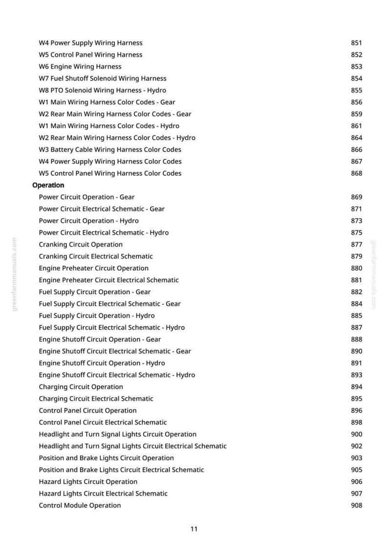 K&ouml;nnte beinhalten: Eine wei&szlig;e Seite mit einer Liste von Details zu elektrischen Kabelb&auml;umen und Schaltkreisoperationen. Der Text enth&auml;lt Begriffe wie "Stromversorgung", "Motor" und "Ladeschaltung". Die Seitenzahl 11 ist sichtbar.