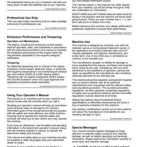 May include: A manual titled "Introduction" for a John Deere product. The manual includes sections on machine use, emissions performance, and safety warnings. It also contains information on operating and maintaining the machine.