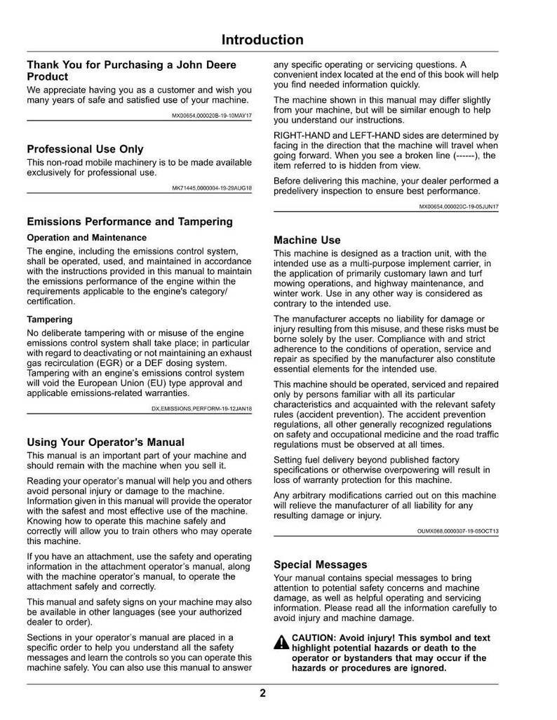 May include: A manual titled "Introduction" for a John Deere product. The manual includes sections on machine use, emissions performance, and safety warnings. It also contains information on operating and maintaining the machine.