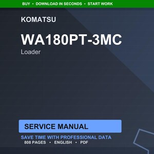 K&ouml;nnte beinhalten: Digitales Servicehandbuch f&uuml;r einen Komatsu WA180PT-3MC Lader. Das Cover ist dunkelblau mit wei&szlig;em Text, einschlie&szlig;lich "SERVICE MANUAL" in einem blauen Feld. Das Handbuch umfasst 808 Seiten und ist in englischer Sprache.