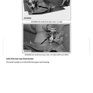 May include: Two grayscale images of machinery components. The top image is labeled XG340849 and the bottom image is labeled XG302305. Both images show a close-up of a knife drive gear case with arrows pointing to specific parts. Text at the bottom states the serial number location.