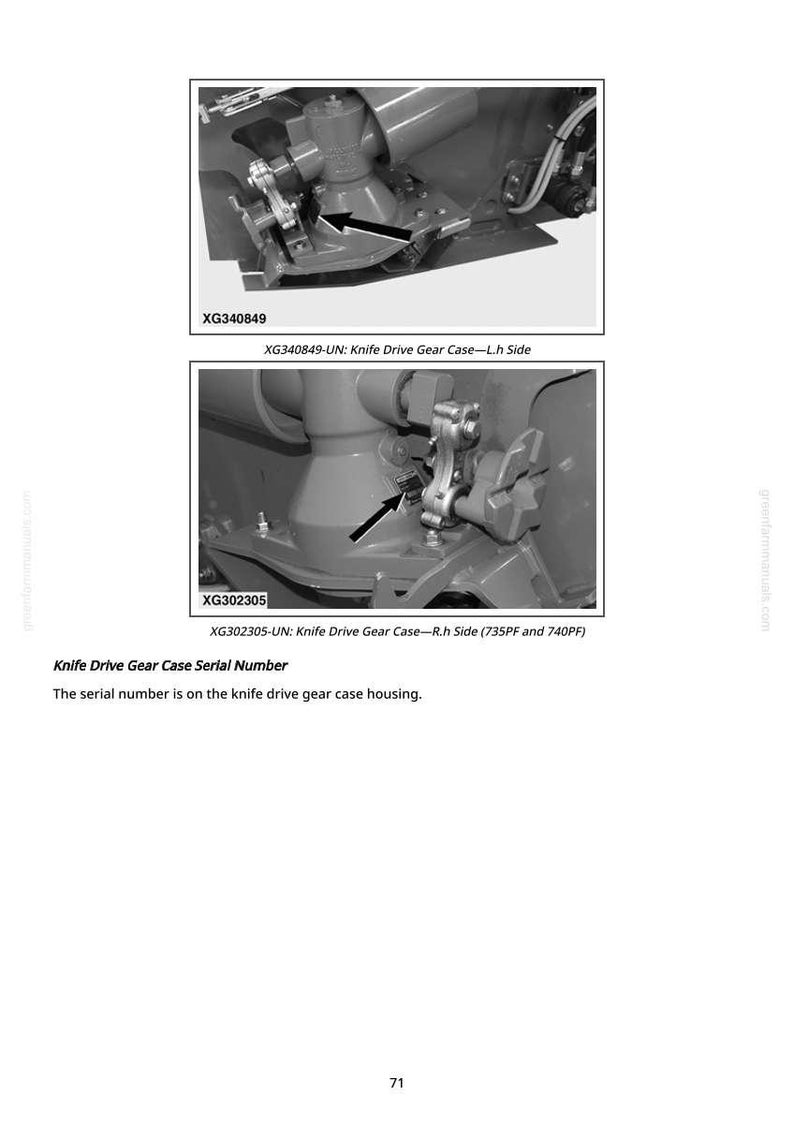 May include: Two grayscale images of machinery components. The top image is labeled XG340849 and the bottom image is labeled XG302305. Both images show a close-up of a knife drive gear case with arrows pointing to specific parts. Text at the bottom states the serial number location.
