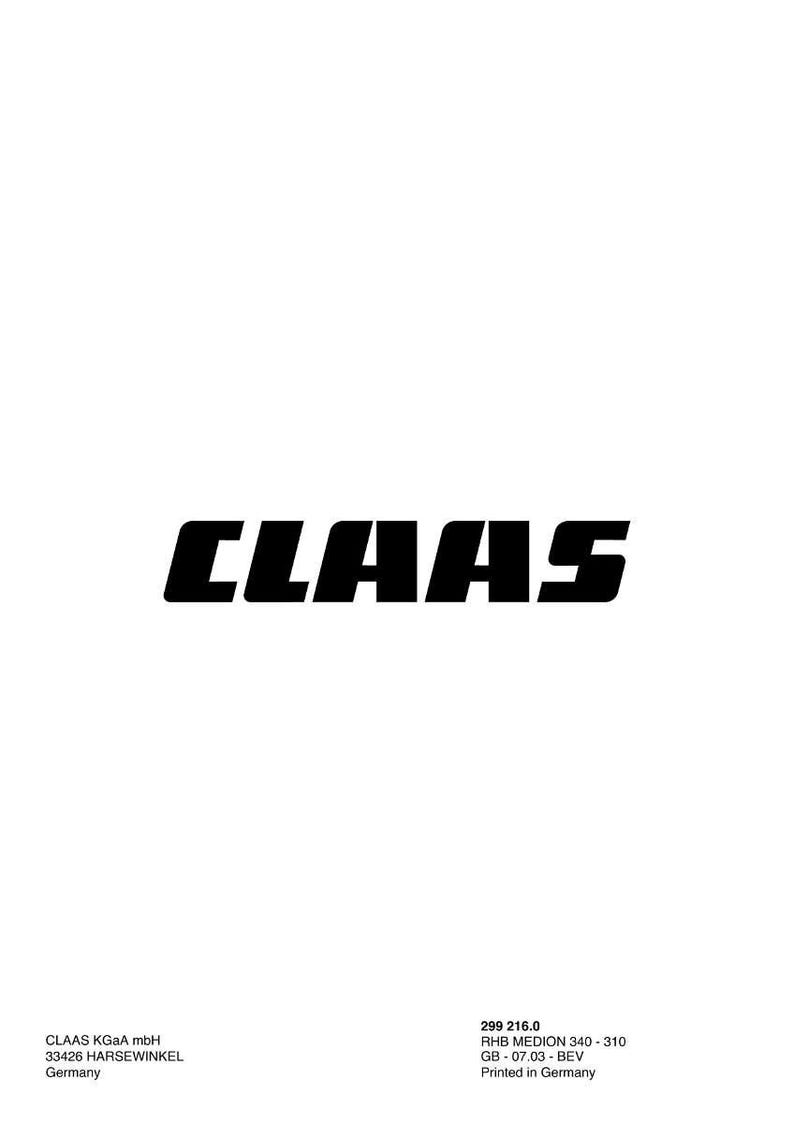 May include: The word "CLAAS" in bold, black letters dominates the center of a white background. Additional text at the bottom includes company information and product details. The image is clean and simple, with a focus on the brand.