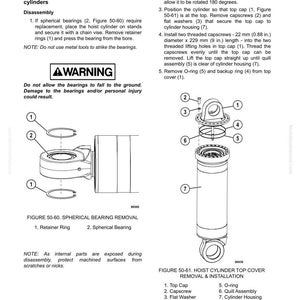 May include: Diagram illustrating the disassembly and assembly of a hoist cylinder, with detailed instructions for spherical bearing removal and top cover procedures. Includes measurements in mm and inches.