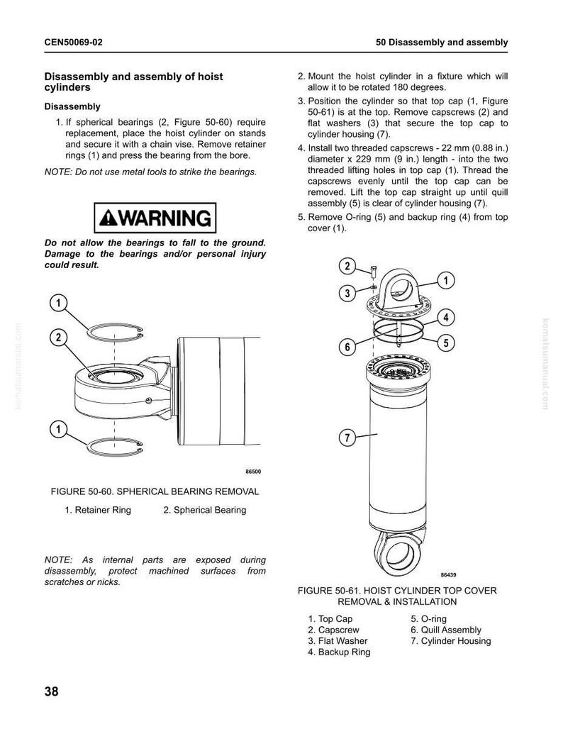May include: Diagram illustrating the disassembly and assembly of a hoist cylinder, with detailed instructions for spherical bearing removal and top cover procedures. Includes measurements in mm and inches.