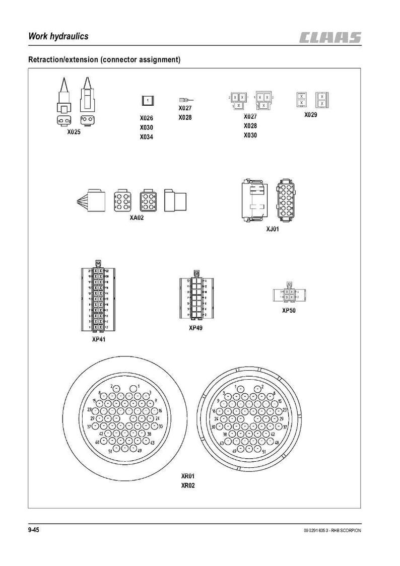 May include: Diagram of hydraulic connectors and components, labeled with codes like X025, X026, X027, X028, X029, X030, X034, XA02, XJ01, XP41, XP49, XP50, XR01, and XR02. The diagram includes various connector types and arrangements, with the "CLAAS" logo at the top.