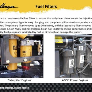 May include: Image showing Challenger fuel filters for Caterpillar and AGCO engines. The text describes the function of the filters in ensuring clean diesel fuel, improving engine performance and increasing longevity.