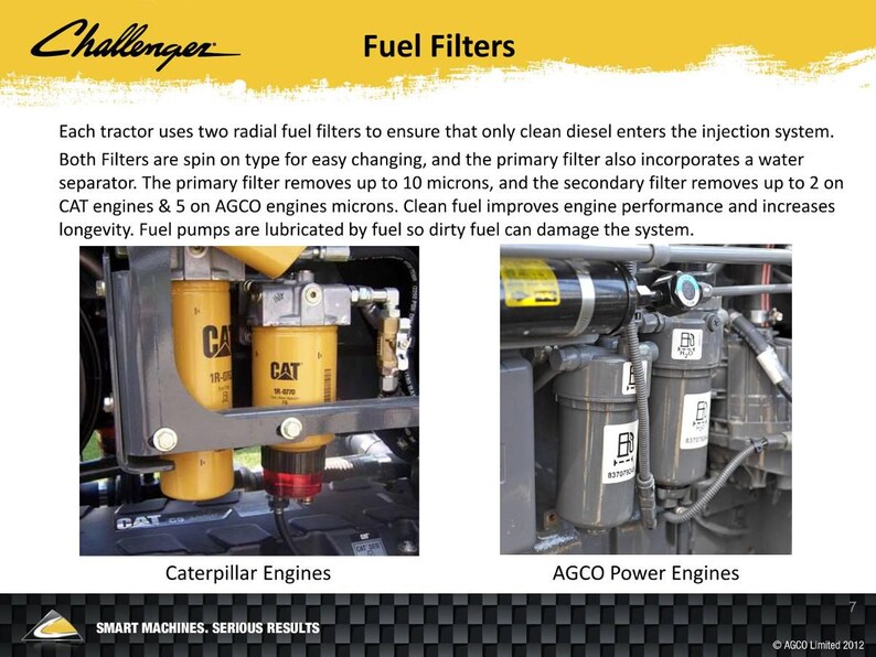 May include: Image showing Challenger fuel filters for Caterpillar and AGCO engines. The text describes the function of the filters in ensuring clean diesel fuel, improving engine performance and increasing longevity.