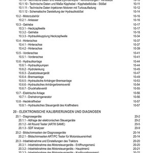 Op de afbeelding: Een gedetailleerde inhoudsopgave uit een technisch handboek, met een lijst van onderwerpen met paginanummers. De tekst is in het Duits en behandelt onderwerpen als motoronderdelen, elektrische systemen en elektronische kalibraties.
