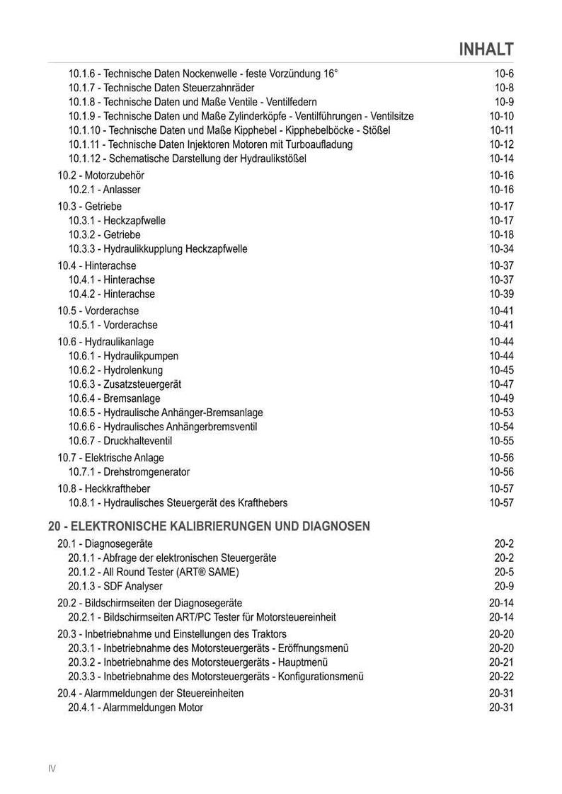 Op de afbeelding: Een gedetailleerde inhoudsopgave uit een technisch handboek, met een lijst van onderwerpen met paginanummers. De tekst is in het Duits en behandelt onderwerpen als motoronderdelen, elektrische systemen en elektronische kalibraties.