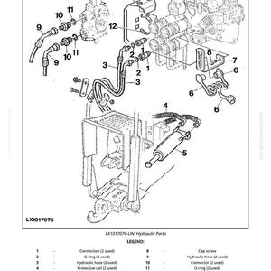 May include: Diagram of hydraulic parts, including connections, O-rings, hydraulic hoses, protective coils, a hydraulic cylinder, dust protection, brackets, cap screws, connectors, clamps, and a shield. The image is labeled LX1017070-UN: Hydraulic Parts.