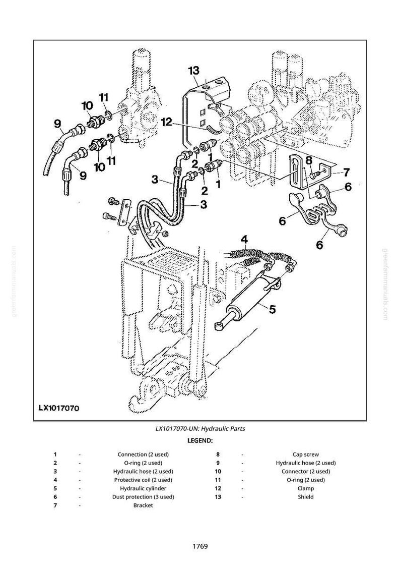 May include: Diagram of hydraulic parts, including connections, O-rings, hydraulic hoses, protective coils, a hydraulic cylinder, dust protection, brackets, cap screws, connectors, clamps, and a shield. The image is labeled LX1017070-UN: Hydraulic Parts.