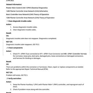 May include: A white document with black text detailing troubleshooting steps for an Electronic Power Module (EPM) 1. The document includes diagnostic actions, results, and related information for agricultural equipment.