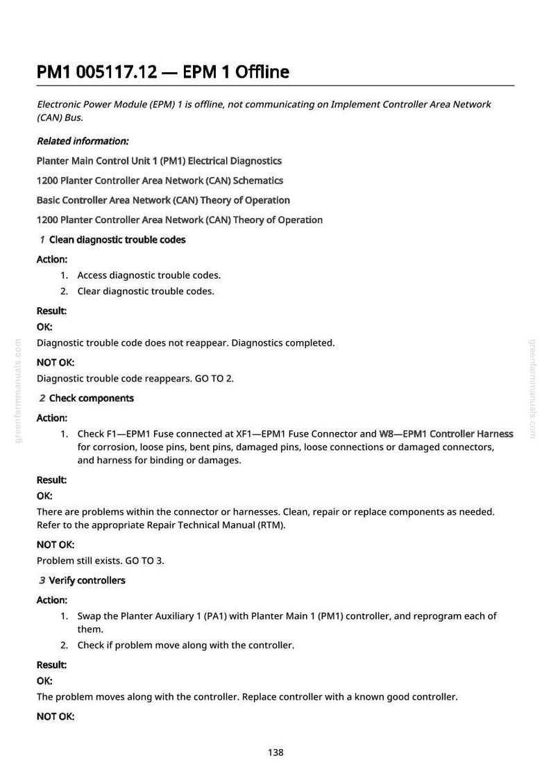 May include: A white document with black text detailing troubleshooting steps for an Electronic Power Module (EPM) 1. The document includes diagnostic actions, results, and related information for agricultural equipment.