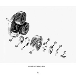 May include: An exploded diagram of a planetary carrier assembly, showing gears, bearings, and a bolt. Components are labelled with letters and numbers, illustrating the mechanism's internal structure. The text "RW21643-UN: Planetary carrier" is visible.