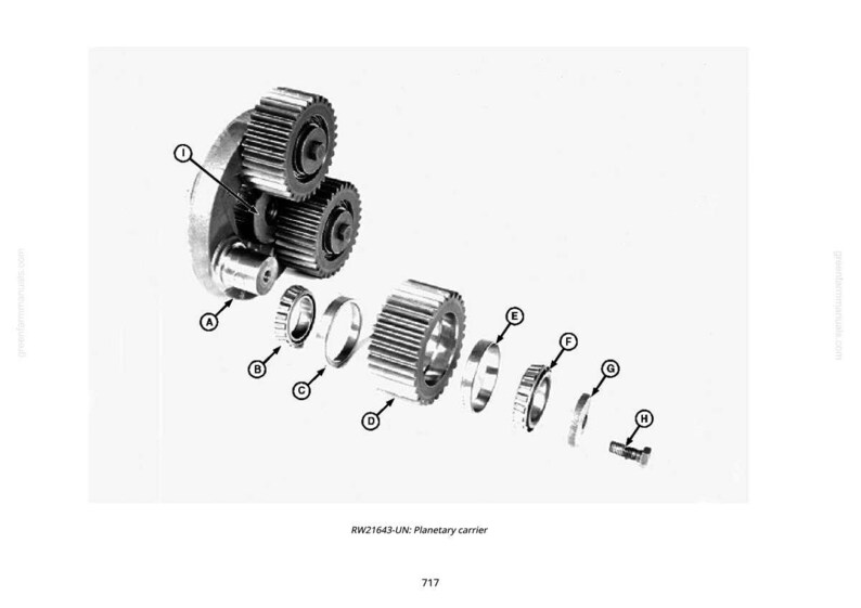 May include: An exploded diagram of a planetary carrier assembly, showing gears, bearings, and a bolt. Components are labelled with letters and numbers, illustrating the mechanism's internal structure. The text "RW21643-UN: Planetary carrier" is visible.