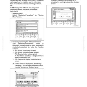 Pode incluir: Uma p&aacute;gina de um manual intitulada "30 Testes e ajuste Sistema el&eacute;trico". A p&aacute;gina inclui diagramas do sistema de monitoramento de uma m&aacute;quina, com texto explicando suas fun&ccedil;&otilde;es e opera&ccedil;&atilde;o. O texto inclui "Monitoring/Pre-defined".