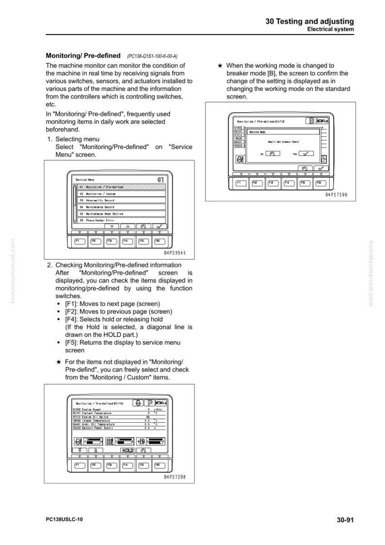 Pode incluir: Uma p&aacute;gina de um manual intitulada "30 Testes e ajuste Sistema el&eacute;trico". A p&aacute;gina inclui diagramas do sistema de monitoramento de uma m&aacute;quina, com texto explicando suas fun&ccedil;&otilde;es e opera&ccedil;&atilde;o. O texto inclui "Monitoring/Pre-defined".