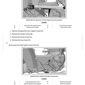 以下が含まれることがあります： 機械部品の技術図面。ラベルと矢印付き。「Operator's Station Right-hand Side Support」と「Right-hand Side Components」のテキストが含まれています。ネジとラインの取り外しに関する説明。技術的なイラストです。