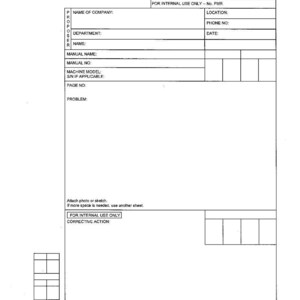 May include: A white paper form titled "PROPOSAL FOR MANUAL REVISION" from Komatsu America International Company. The form includes fields for company name, department, manual name, and problem description. The form is for internal use only.