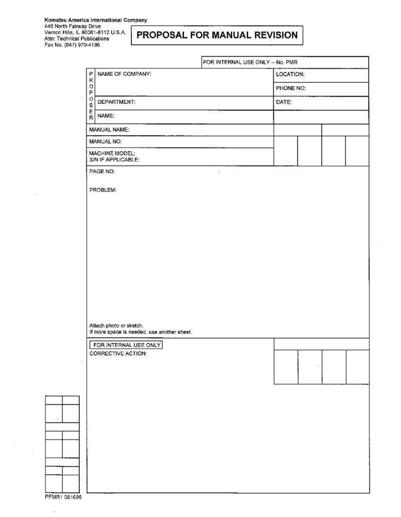 May include: A white paper form titled "PROPOSAL FOR MANUAL REVISION" from Komatsu America International Company. The form includes fields for company name, department, manual name, and problem description. The form is for internal use only.