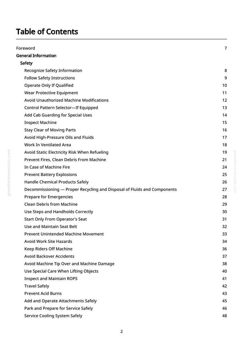 May include: A white page with the title "Table of Contents" and a list of safety-related topics. The topics include "Recognize Safety Information", "Follow Safety Instructions", and "Prevent Fires, Clean Debris From Machine".