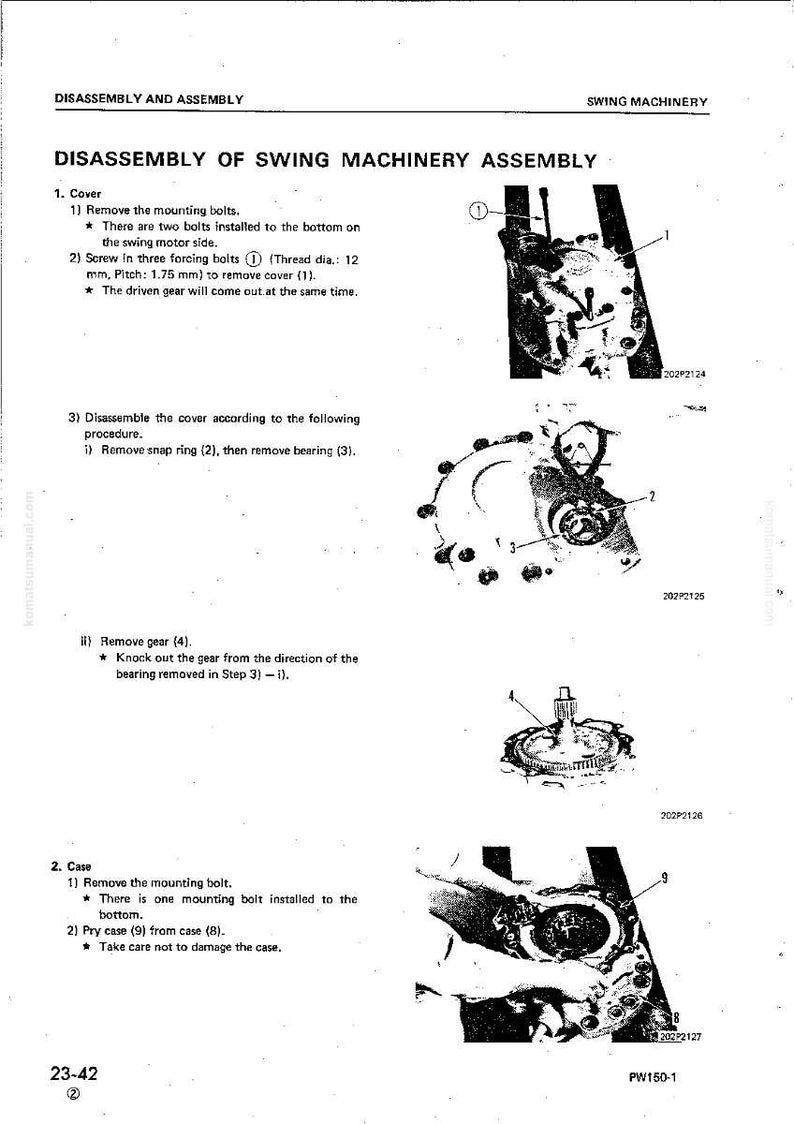 May include: Diagram of swing machinery assembly with numbered parts and instructions. Includes text: "Disassembly of Swing Machinery Assembly". Shows steps for cover and case removal, with measurements in mm.