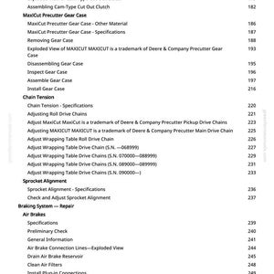 May include: A page from a manual with a table of contents, featuring sections on machinery components such as clutches, gear cases, chain tension, and air brakes. Page numbers are listed alongside each section.