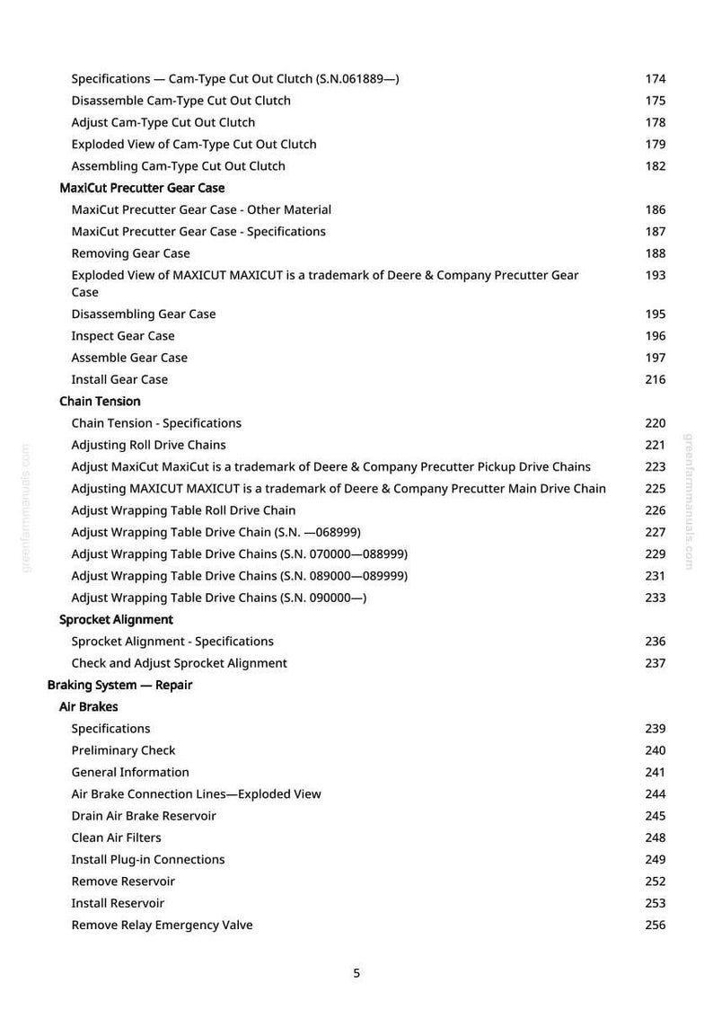 May include: A page from a manual with a table of contents, featuring sections on machinery components such as clutches, gear cases, chain tension, and air brakes. Page numbers are listed alongside each section.