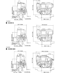 May include: Diagram of three engine models: EA300, EA300-N, and EA300-NB1. Each model is shown from two angles with dimensions in inches and millimeters. The diagrams include labels for key components and measurements, such as the diameter and setting face for PTOs.