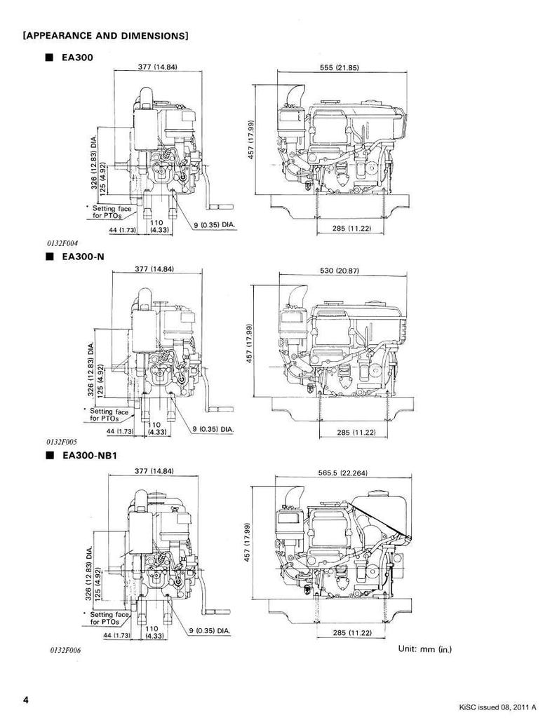 May include: Diagram of three engine models: EA300, EA300-N, and EA300-NB1. Each model is shown from two angles with dimensions in inches and millimeters. The diagrams include labels for key components and measurements, such as the diameter and setting face for PTOs.