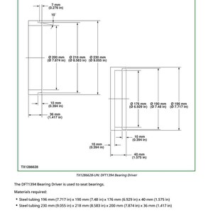 May include: Technical diagram of a DFT1394 Bearing Driver, with detailed measurements in inches and millimeters. The diagram includes dimensions for steel tubing, with measurements such as 7.717 in x 7.48 in x 6.929 in x 1.575 in.