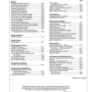 May include: A detailed table of contents from a manual, featuring safety guidelines, operating instructions, and maintenance procedures. The document includes sections on tractor operation, mower preparation, and attachment details, with page numbers for easy navigation.