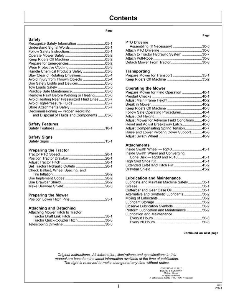 May include: A detailed table of contents from a manual, featuring safety guidelines, operating instructions, and maintenance procedures. The document includes sections on tractor operation, mower preparation, and attachment details, with page numbers for easy navigation.