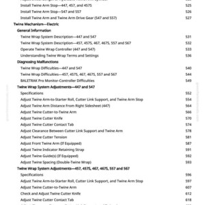 Pode incluir: Uma tabela de conte&uacute;do detalhada de greenfarmmanuals.com, listando v&aacute;rios procedimentos para ajustes e manuten&ccedil;&atilde;o de bra&ccedil;os de barbante. O texto est&aacute; em fonte preta sobre um fundo branco, com n&uacute;meros de p&aacute;gina &agrave; direita.