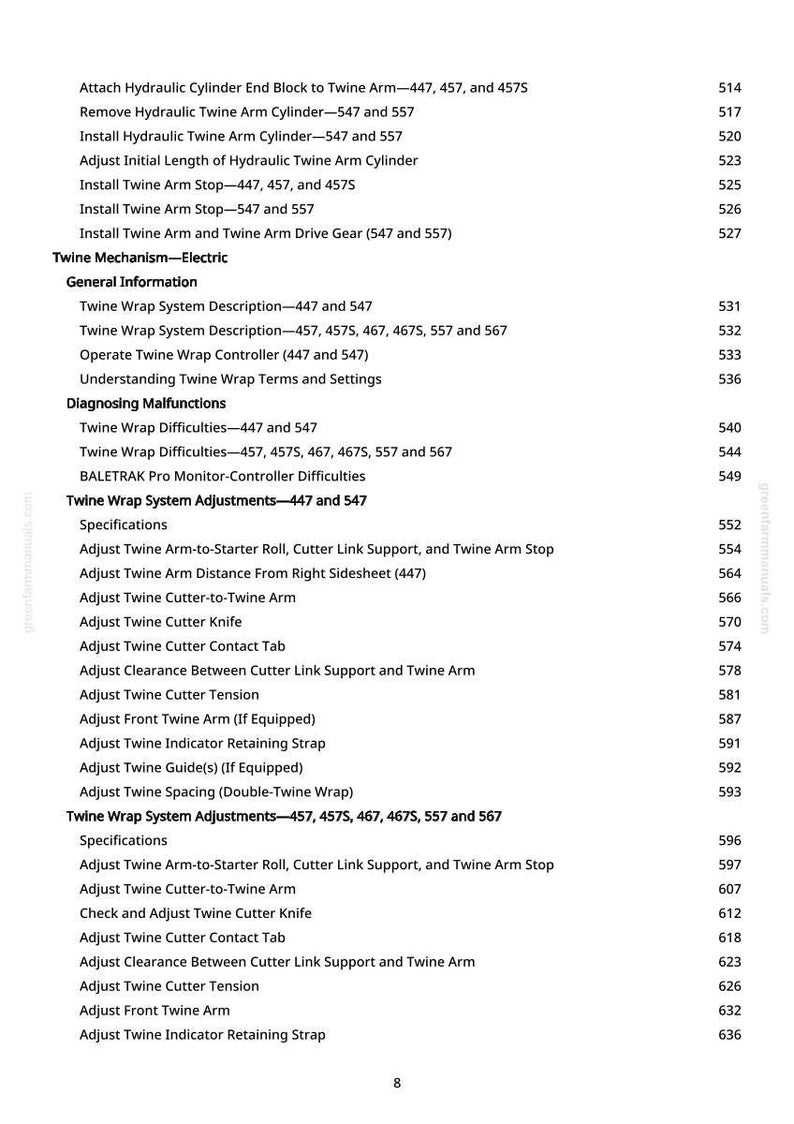 Pode incluir: Uma tabela de conte&uacute;do detalhada de greenfarmmanuals.com, listando v&aacute;rios procedimentos para ajustes e manuten&ccedil;&atilde;o de bra&ccedil;os de barbante. O texto est&aacute; em fonte preta sobre um fundo branco, com n&uacute;meros de p&aacute;gina &agrave; direita.