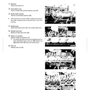 May include: A page from a manual titled "Cylinder Head Disassembly and Assembly." The page includes a list of numbered steps with accompanying diagrams of engine components. Text includes "Spill pipe," "Fuel injection pipe," and "Rocker arm assembly."