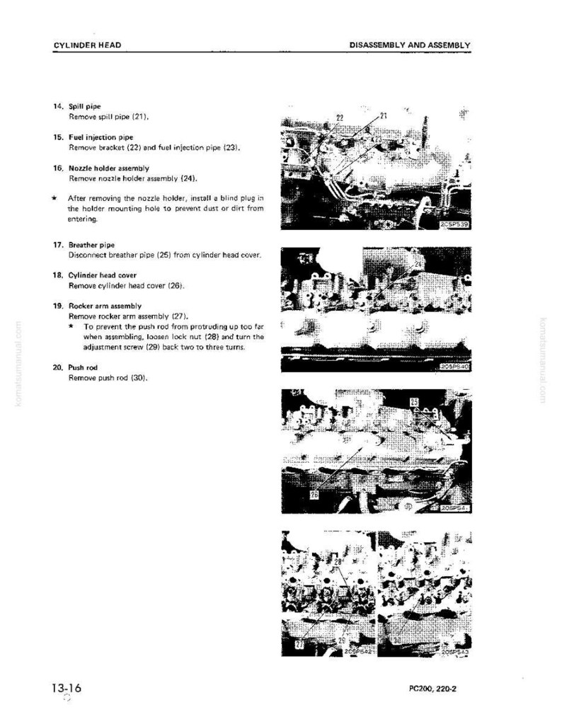 May include: A page from a manual titled "Cylinder Head Disassembly and Assembly." The page includes a list of numbered steps with accompanying diagrams of engine components. Text includes "Spill pipe," "Fuel injection pipe," and "Rocker arm assembly."